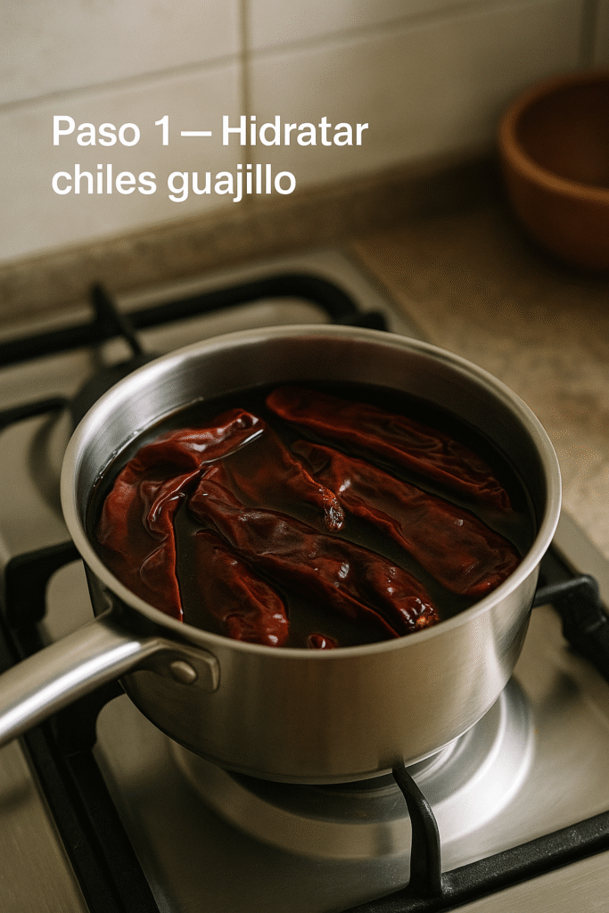 Chiles guajillo hidratándose en cazo con agua caliente, primer paso del adobo para tacos al pastor.
