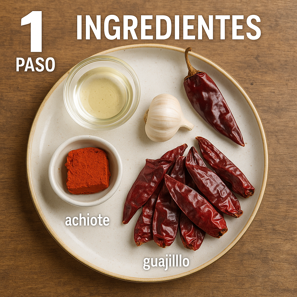 Chiles guajillo, achiote, ajo, vinagre y jugo de piña dispuestos en plato.