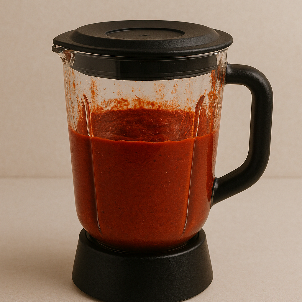 Licuadora con adobo al pastor de color rojizo
