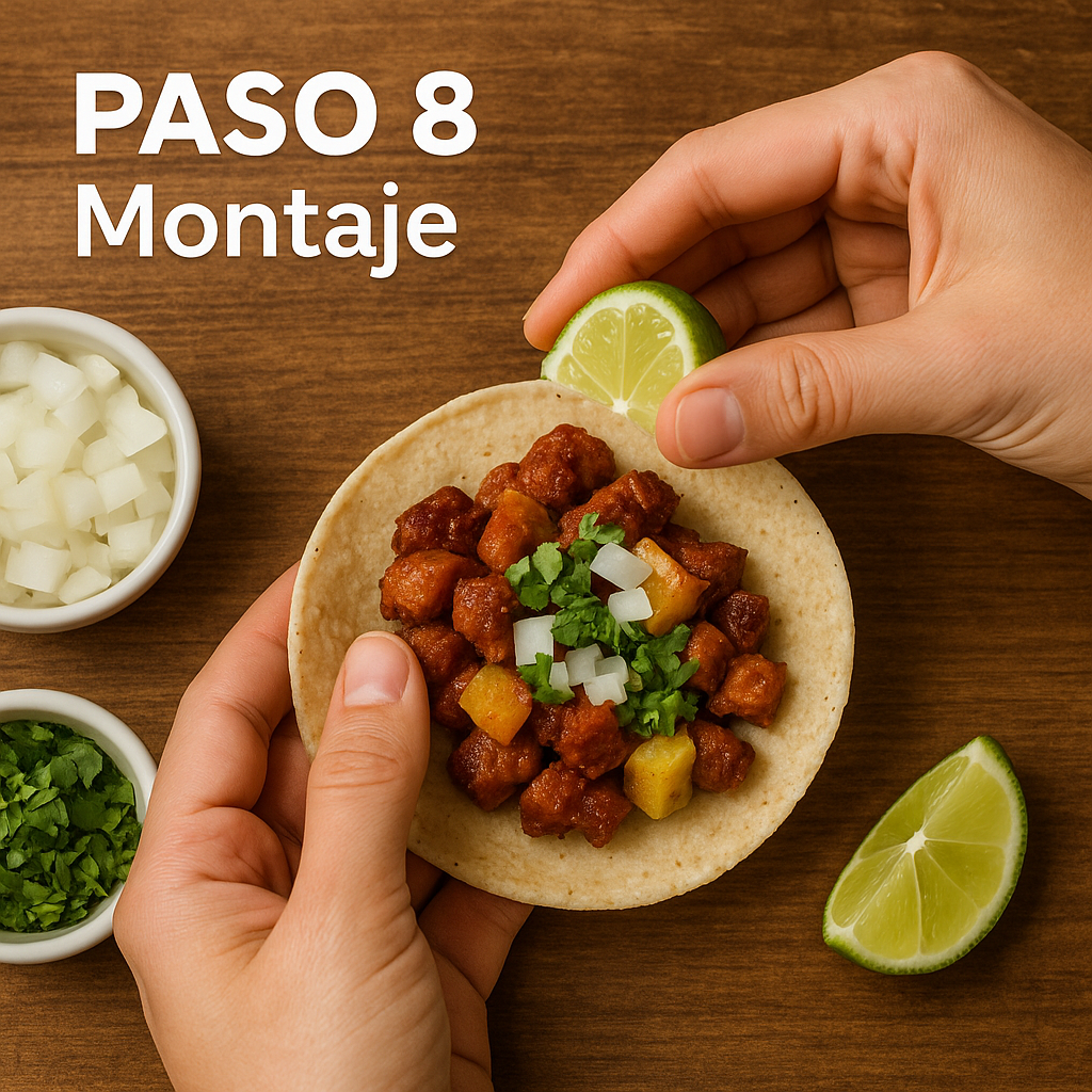 Manos montando un taco al pastor con carne adobada y piña, cebolla y cilantro, y un gajo de lima.
